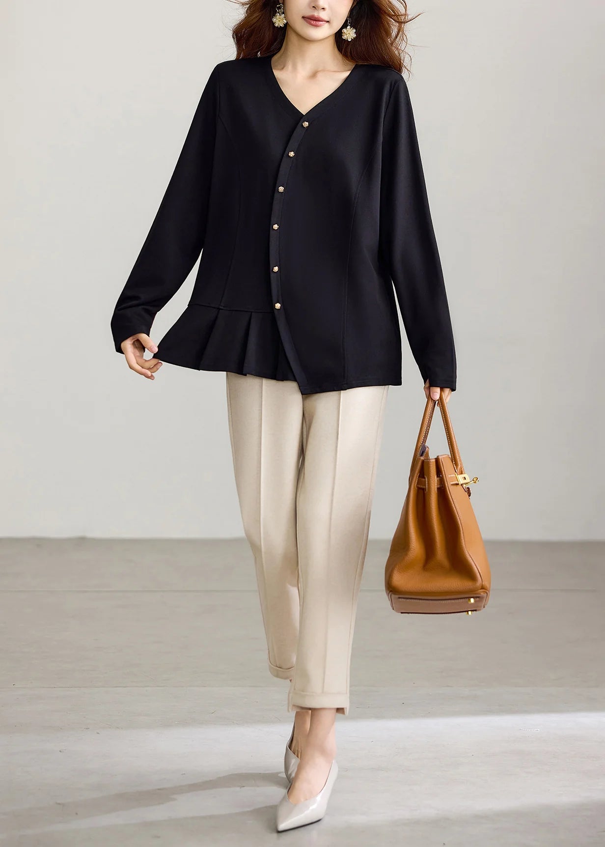 Chemise Femme Décontractée Col V Plissée Manches Longues 3