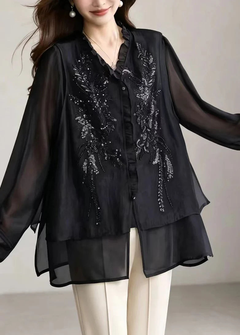 Chemise Femme Deux Pièces Décontractée Col V Ornée de Sequins 3