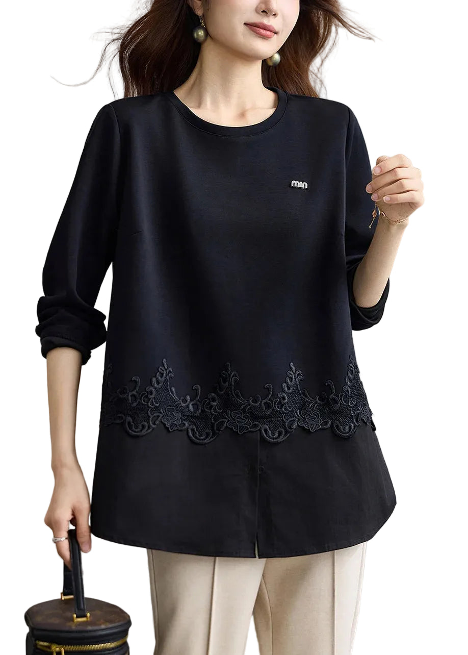 Chemise Femme Moderne Col Rond avec Empiècements en Dentelle Automne 0