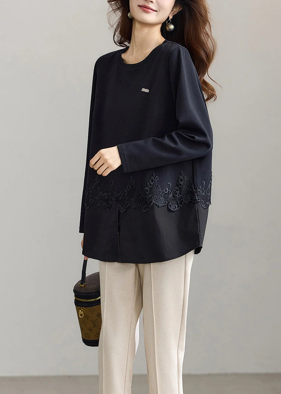 Chemise Femme Moderne Col Rond avec Empiècements en Dentelle Automne 2