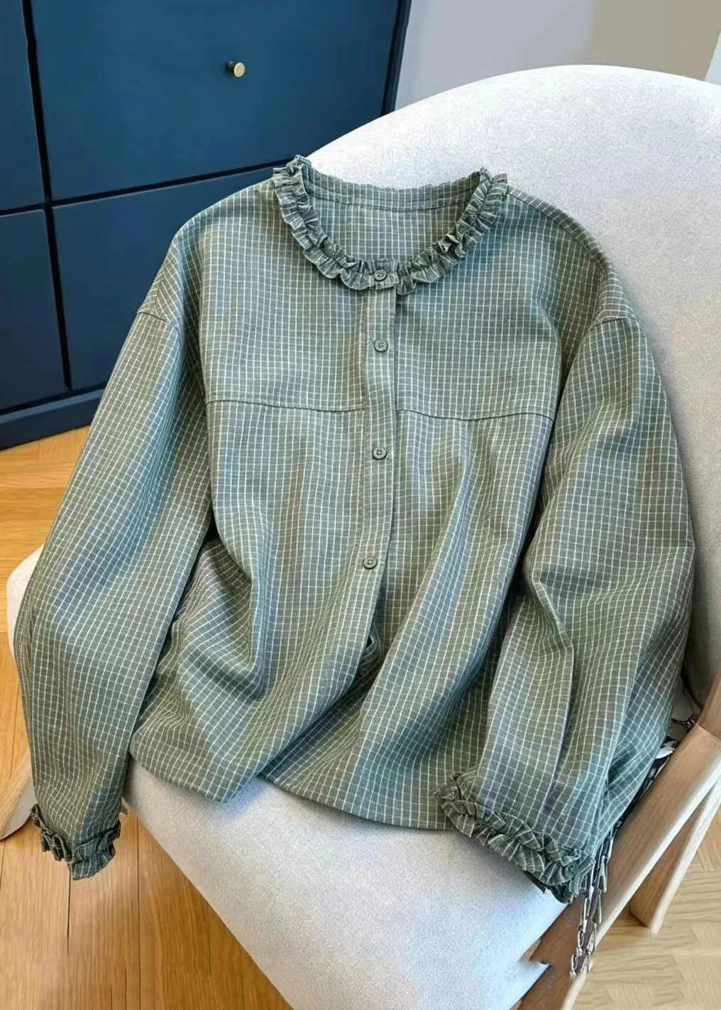 Chemise Femme Vintage à Carreaux avec Col Rond et Volants 0