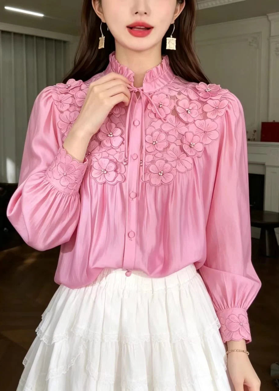 Chemise Femme à Col Montant avec Volants et Lacets Motif Floral 1