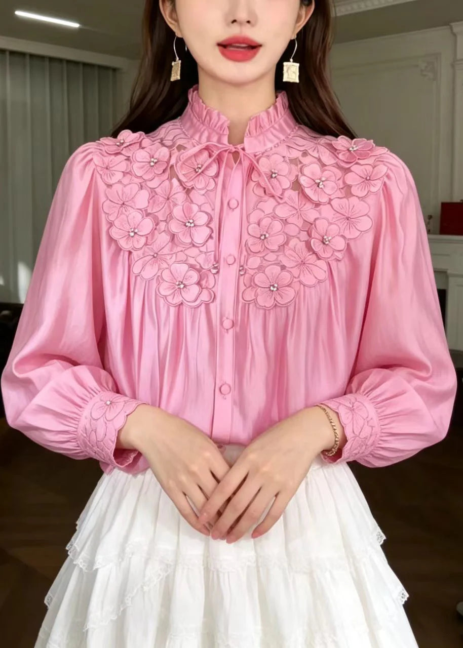 Chemise Femme à Col Montant avec Volants et Lacets Motif Floral 3