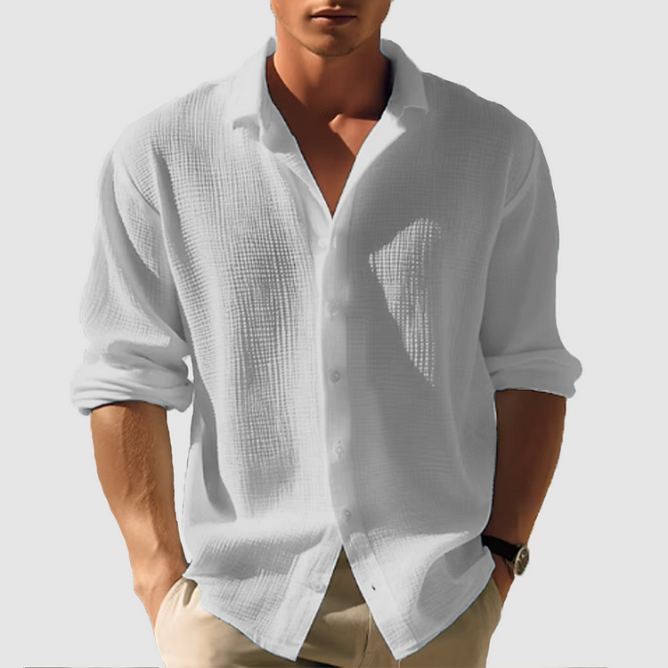 Chemise Homme Casual Unie à Manches Longues avec Revers