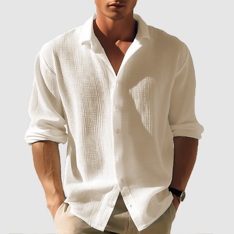 Chemise Homme Casual Unie à Manches Longues avec Revers