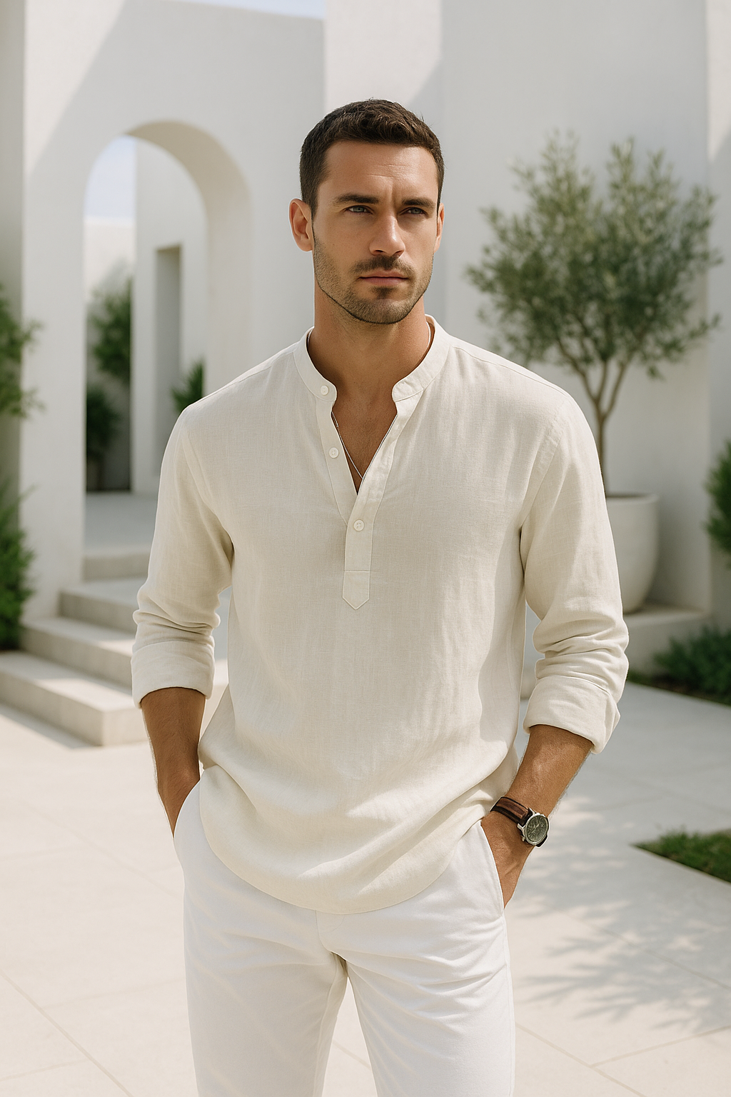 Chemise Homme Oversize Col Montant en Lin Doux 2