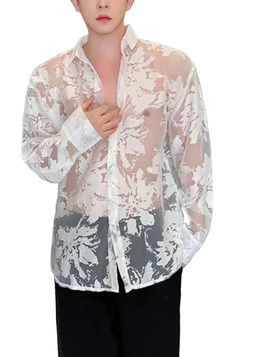 Chemise Homme Oversize à Imprimé en Tulle Transparent 0