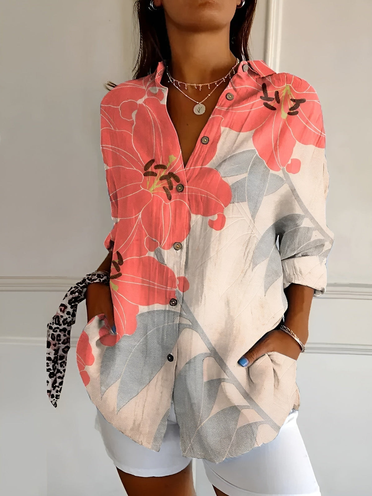 Chemise à boutons pour femmes en tissu léger à motif floral 7