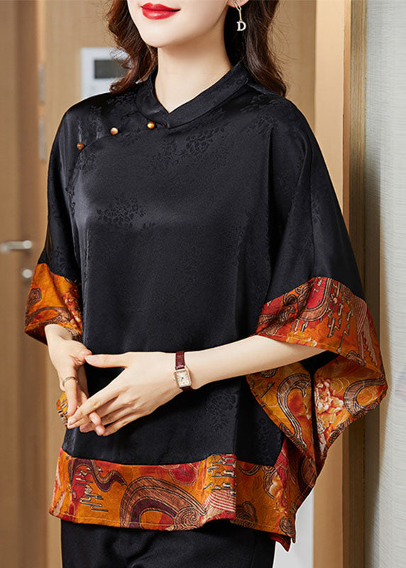 Chemise en Soie Femme Col Mandarin Vintage Asymétrique Manches Chauve-Souris 1