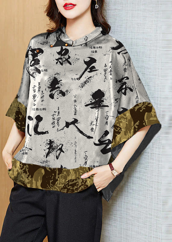 Chemise en Soie Femme Col Mandarin Vintage Asymétrique Manches Chauve-Souris 2