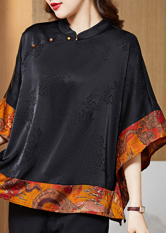 Chemise en Soie Femme Col Mandarin Vintage Asymétrique Manches Chauve-Souris 3