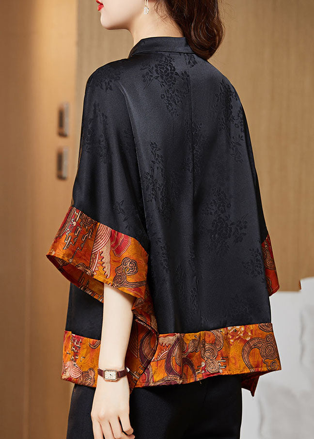 Chemise en Soie Femme Col Mandarin Vintage Asymétrique Manches Chauve-Souris 4