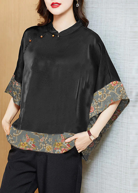 Chemise en Soie Femme Col Mandarin Vintage Asymétrique Manches Chauve-Souris 6
