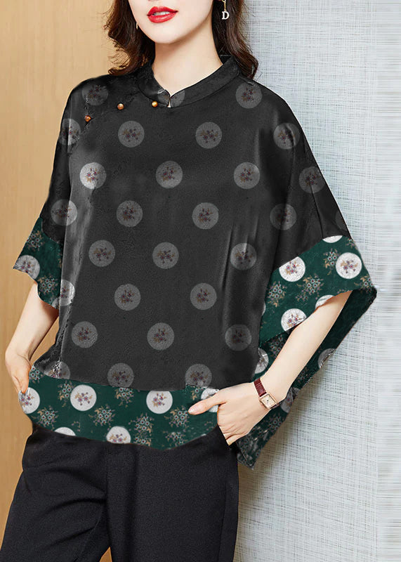 Chemise en Soie Femme Col Mandarin Vintage Asymétrique Manches Chauve-Souris 7