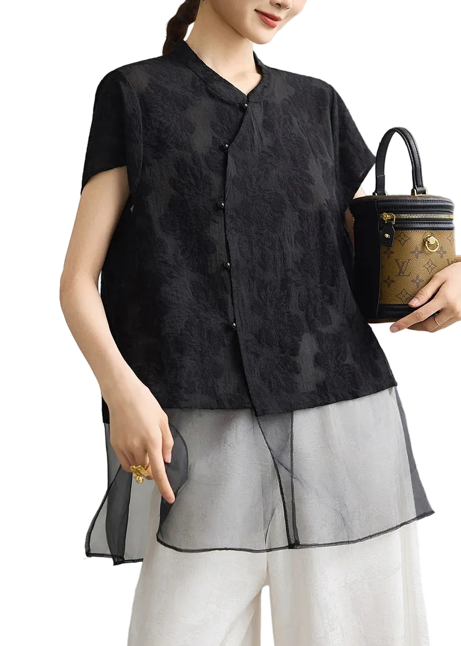 Chemise mi-longue d'été pour femme style chinois patchwork jacquard 0