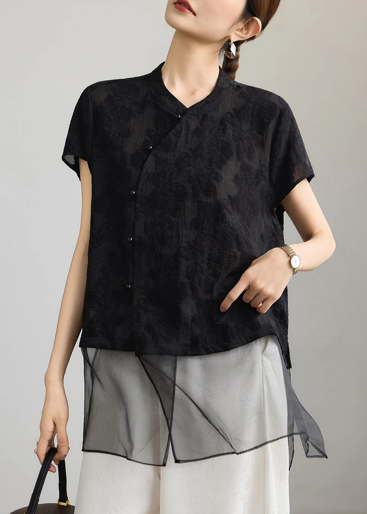 Chemise mi-longue d'été pour femme style chinois patchwork jacquard 1