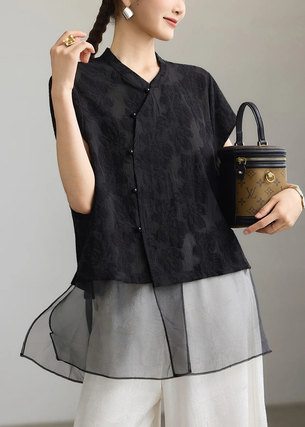 Chemise mi-longue d'été pour femme style chinois patchwork jacquard 2
