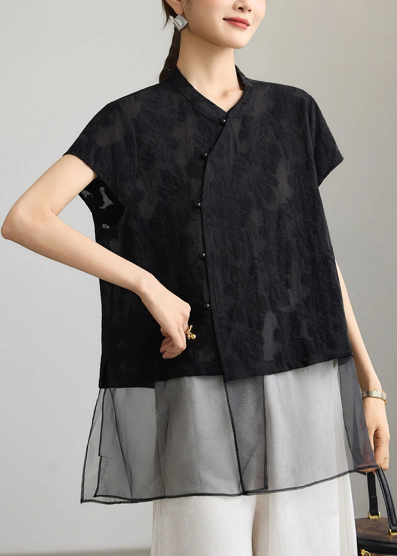 Chemise mi-longue d'été pour femme style chinois patchwork jacquard 3