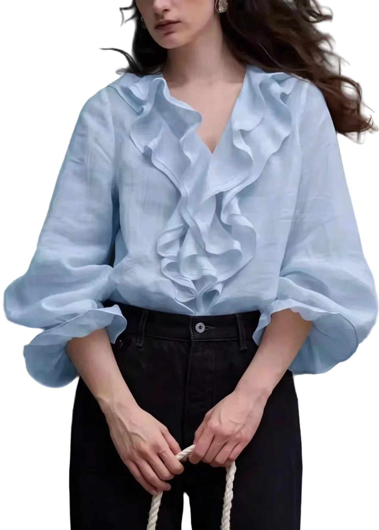 Chemisier Femme Style Bohème Col V Volants Manches Lanternes 0