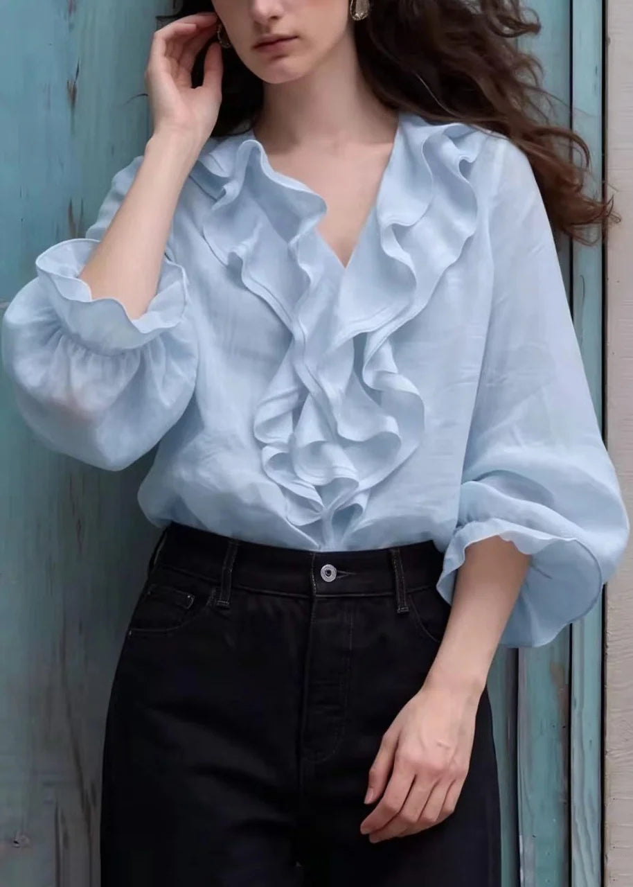 Chemisier Femme Style Bohème Col V Volants Manches Lanternes 2