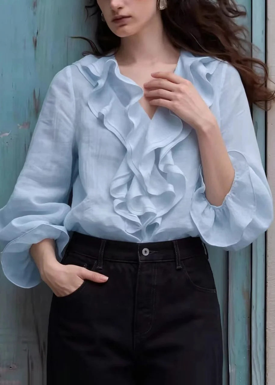 Chemisier Femme Style Bohème Col V Volants Manches Lanternes 3