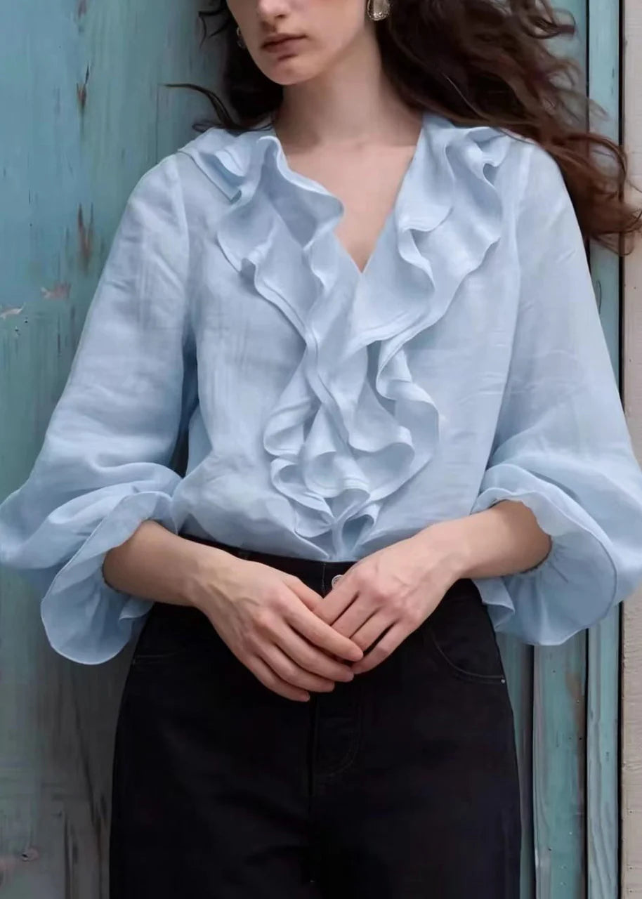 Chemisier Femme Style Bohème Col V Volants Manches Lanternes 4