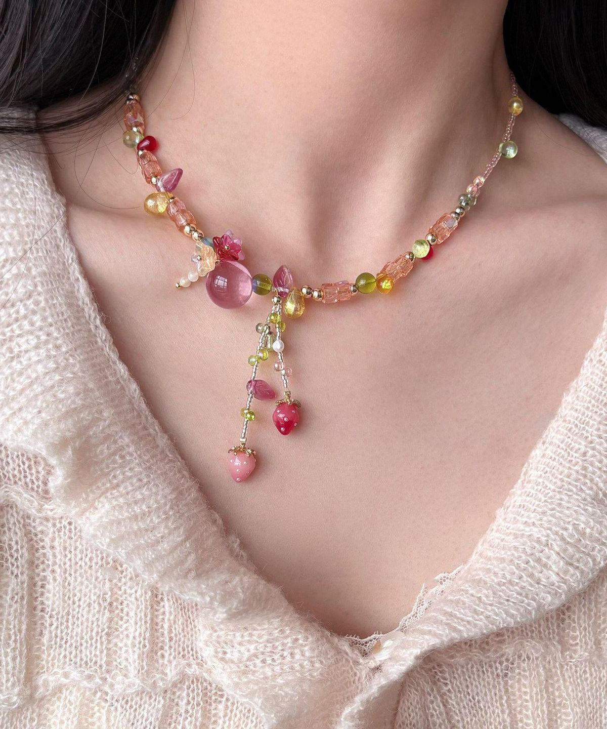 Collier Femme Pendentif Fraise Asymétrique Multicolore 2