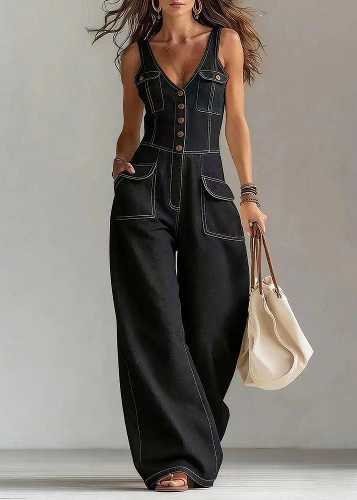 Combinaison pantalon droite femme style bohème avec poches surdimensionnées 2