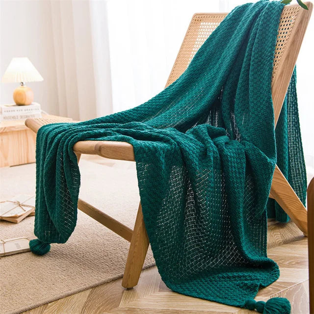 Couverture en Tricot Scandinave avec Pompons 6