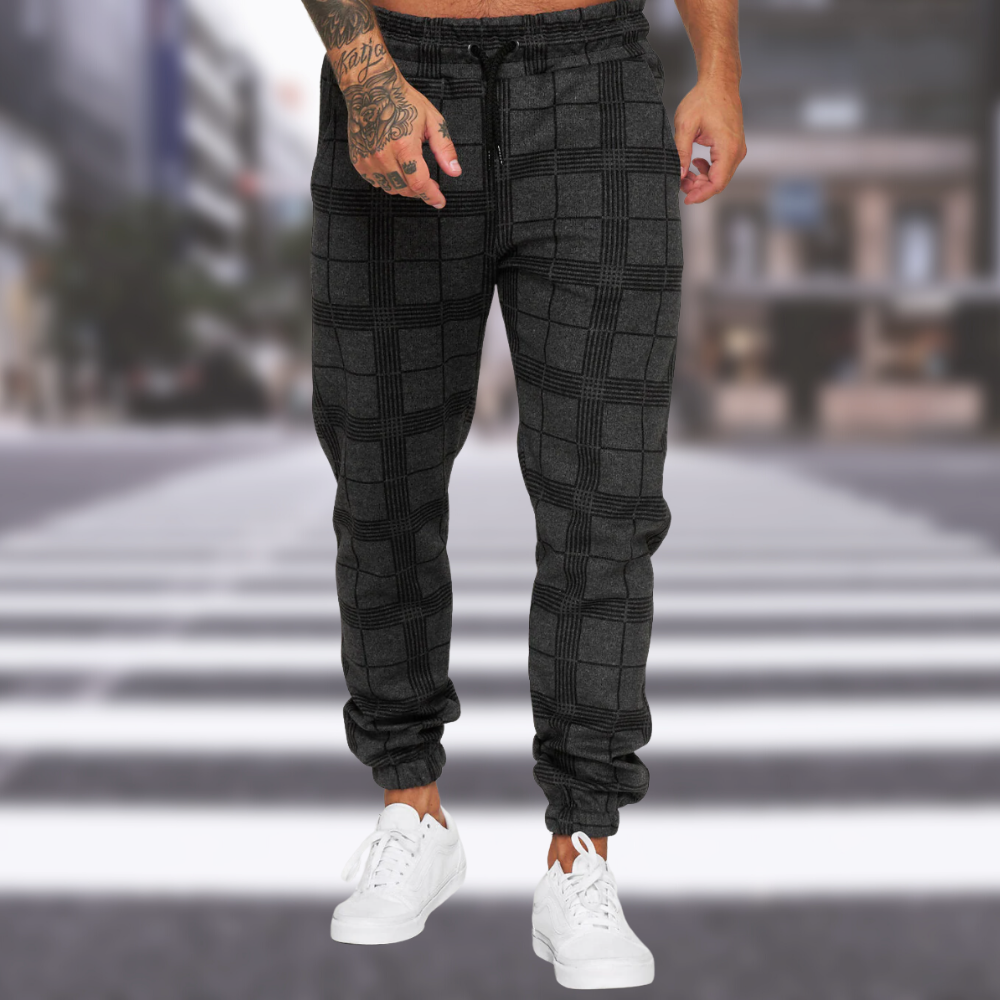 Pantalon Homme à Carreaux Élégant en Mélange de Coton-1