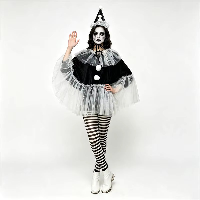 Déguisement Femme Clown Pierrot Halloween Cape à Volants et Chapeau 1