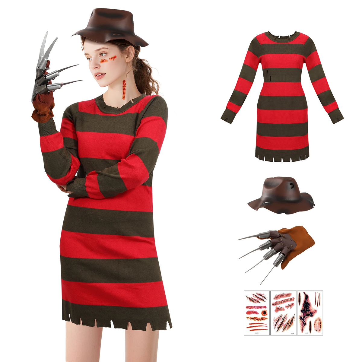 Déguisement Femme Freddy Krueger Halloween 4 pièces 0