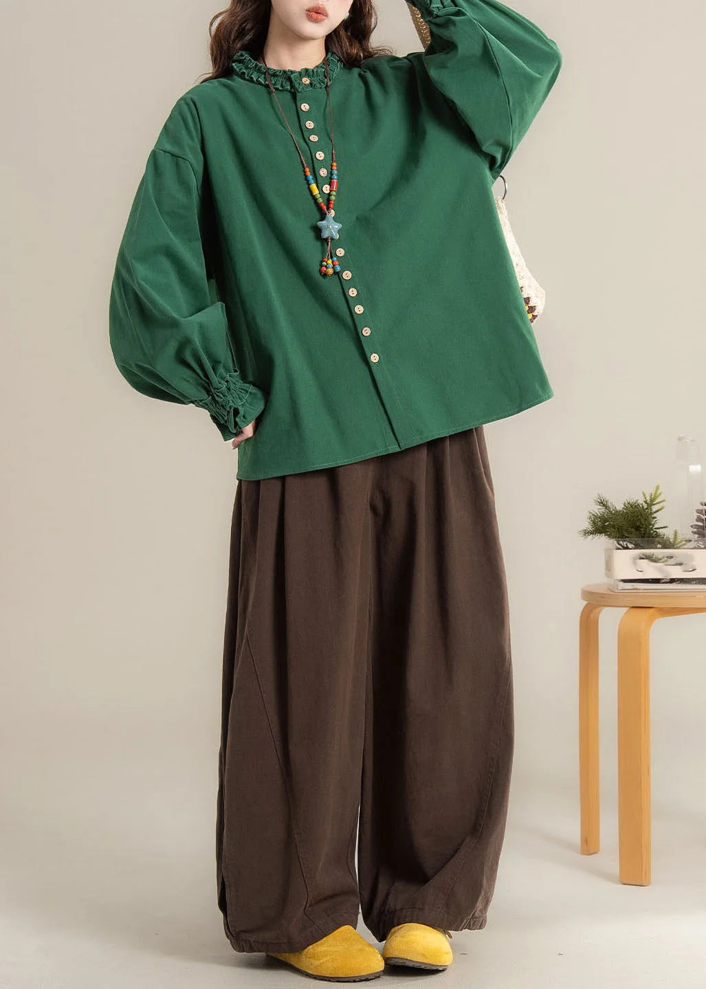 Ensemble Femme Chemise Boutonnée Col Rond et Pantalon Large Manches Lanternes 3