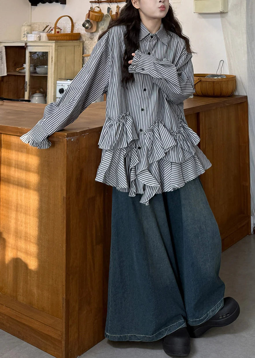 Ensemble Femme Chemise Rayée Asymétrique Col Claudine et Jean Manches Longues 1