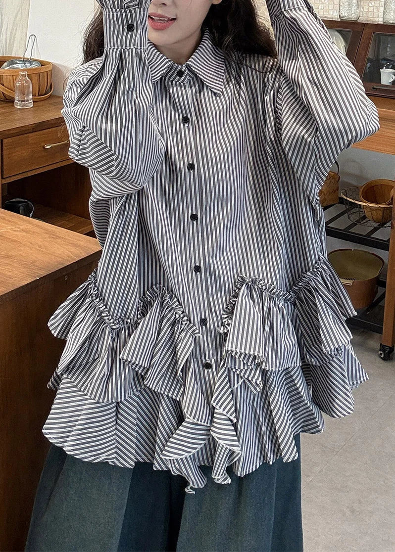 Ensemble Femme Chemise Rayée Asymétrique Col Claudine et Jean Manches Longues 4