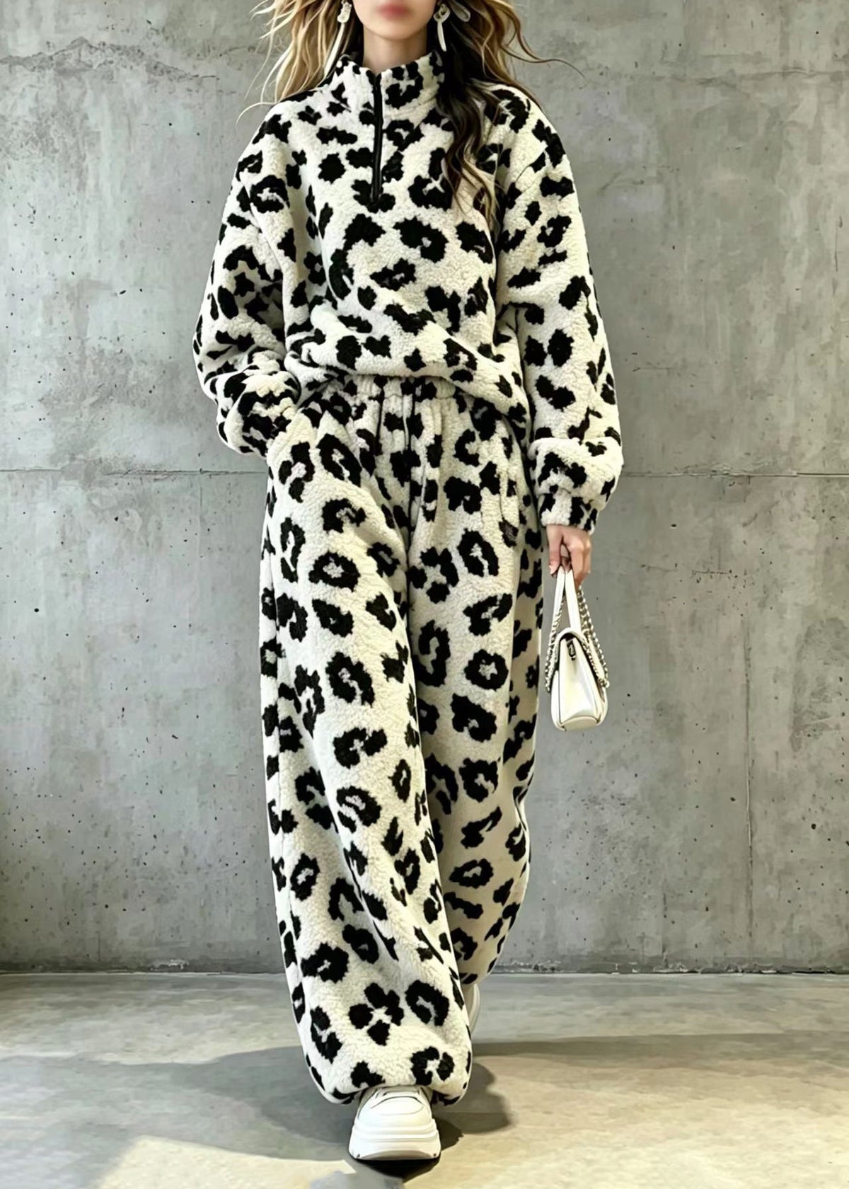 Ensemble Femme Deux Pièces Col Montant Fermeture Éclair Motif Léopard 2