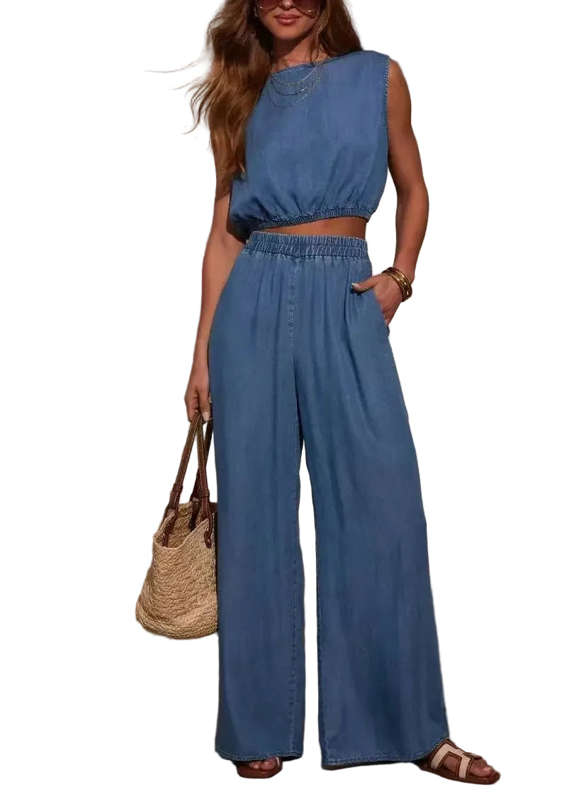 Ensemble Femme Deux Pièces Denim Décontracté Sans Manches 0