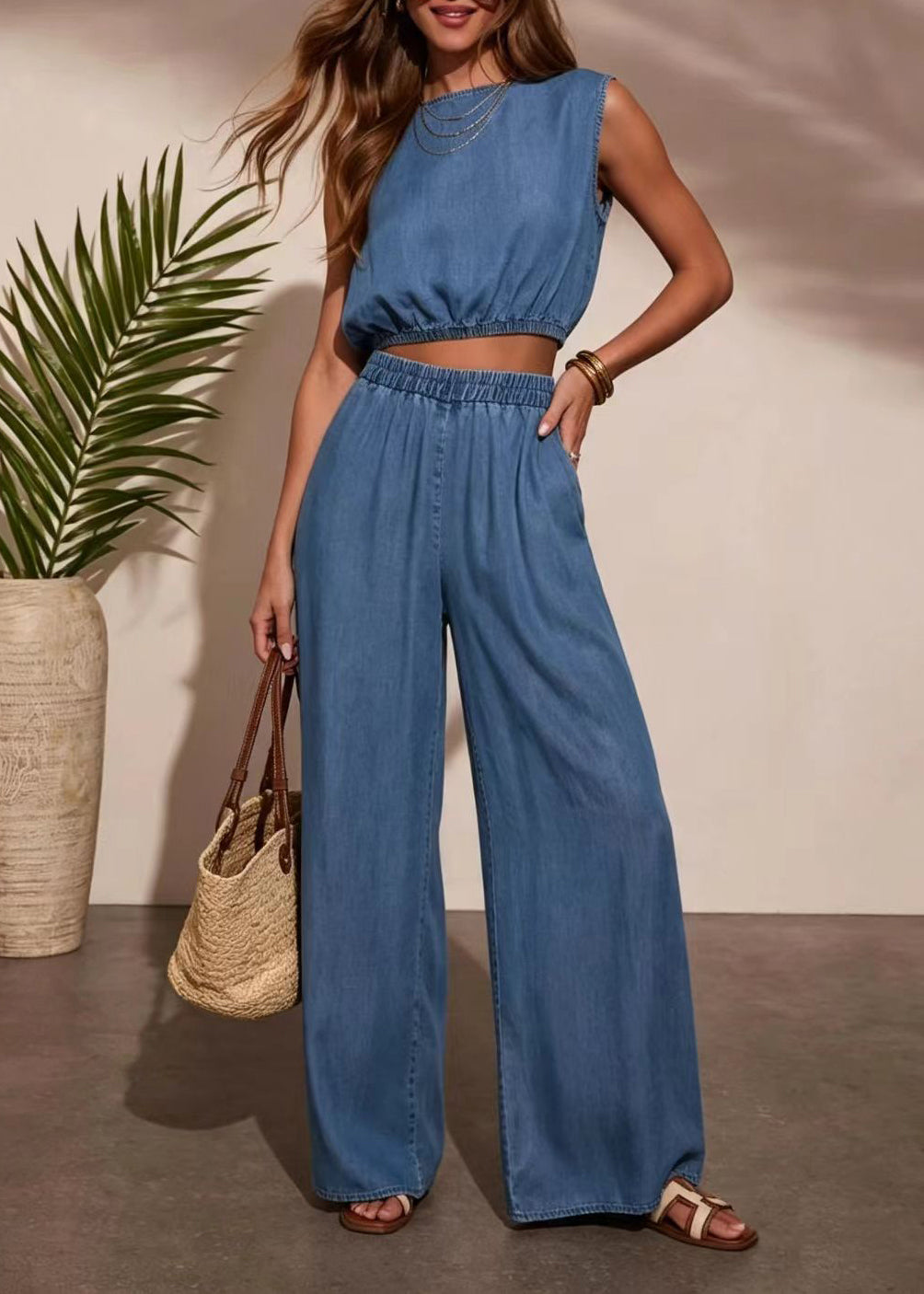 Ensemble Femme Deux Pièces Denim Décontracté Sans Manches 1