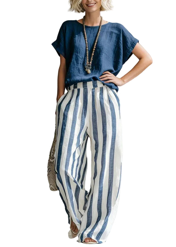 Ensemble Femme Deux Pièces Haut Col Rond et Pantalon Droit Rayé 0