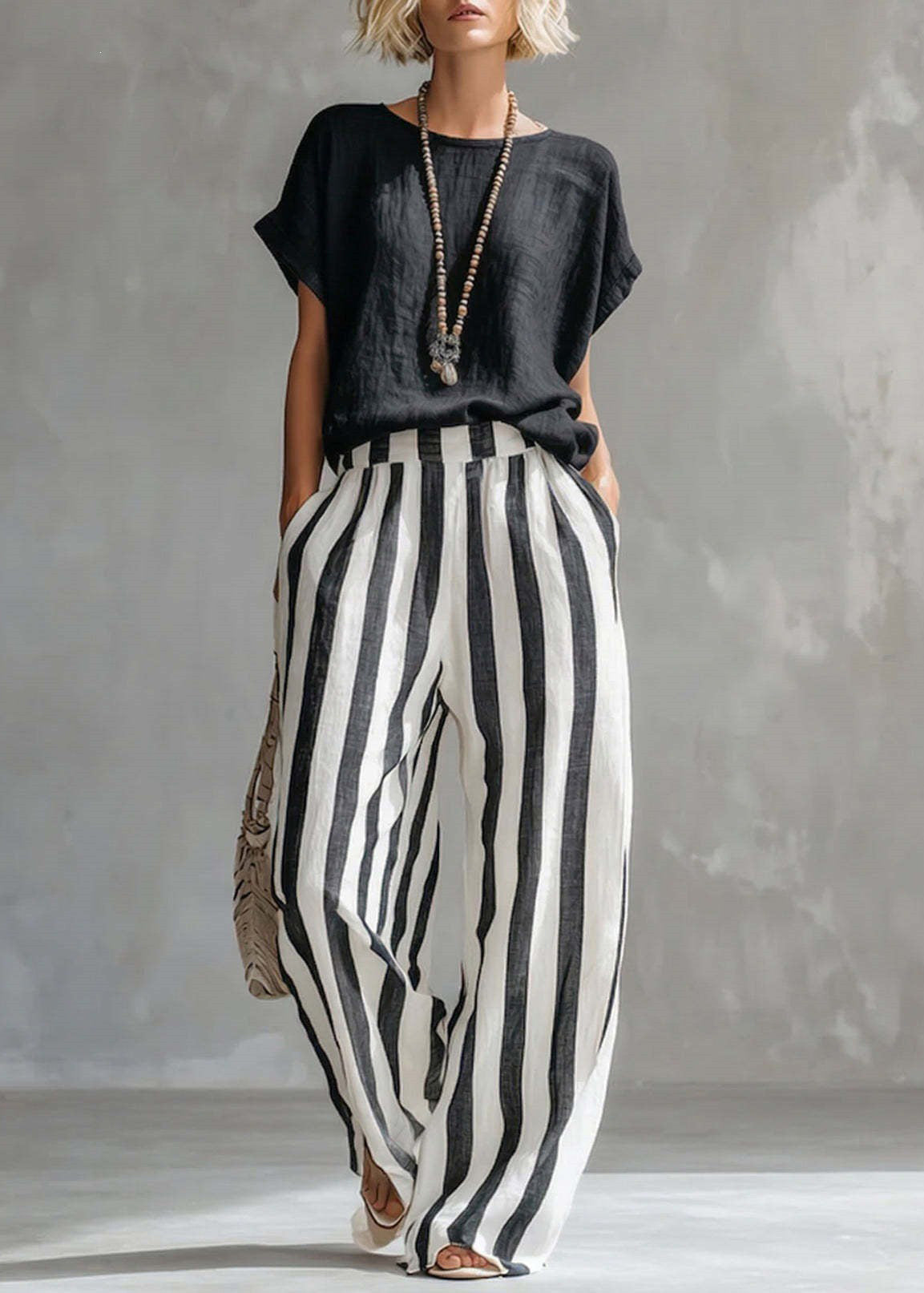 Ensemble Femme Deux Pièces Haut Col Rond et Pantalon Droit Rayé 1