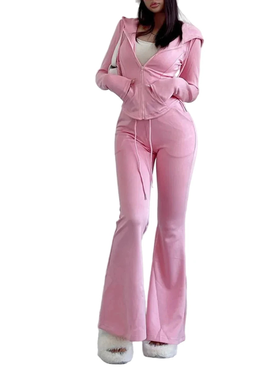 Ensemble Femme Deux Pièces Sweat à Capuche Zippé et Pantalon Évasé Décontracté 3