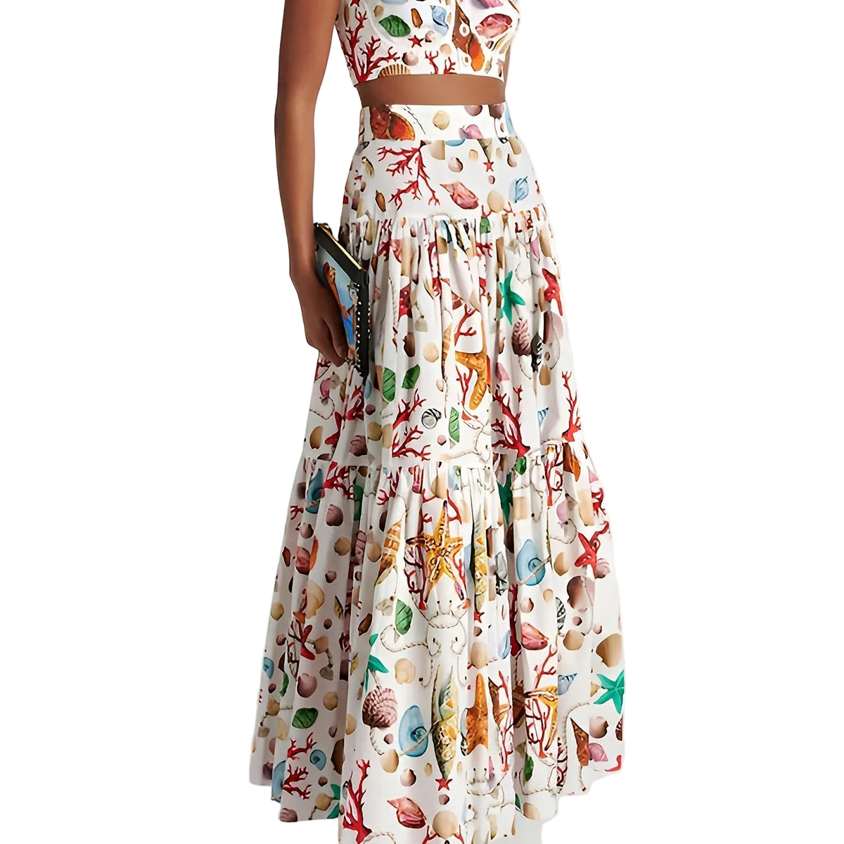 Ensemble Femme Haut Court et Jupe Longue à Volants Chic 0