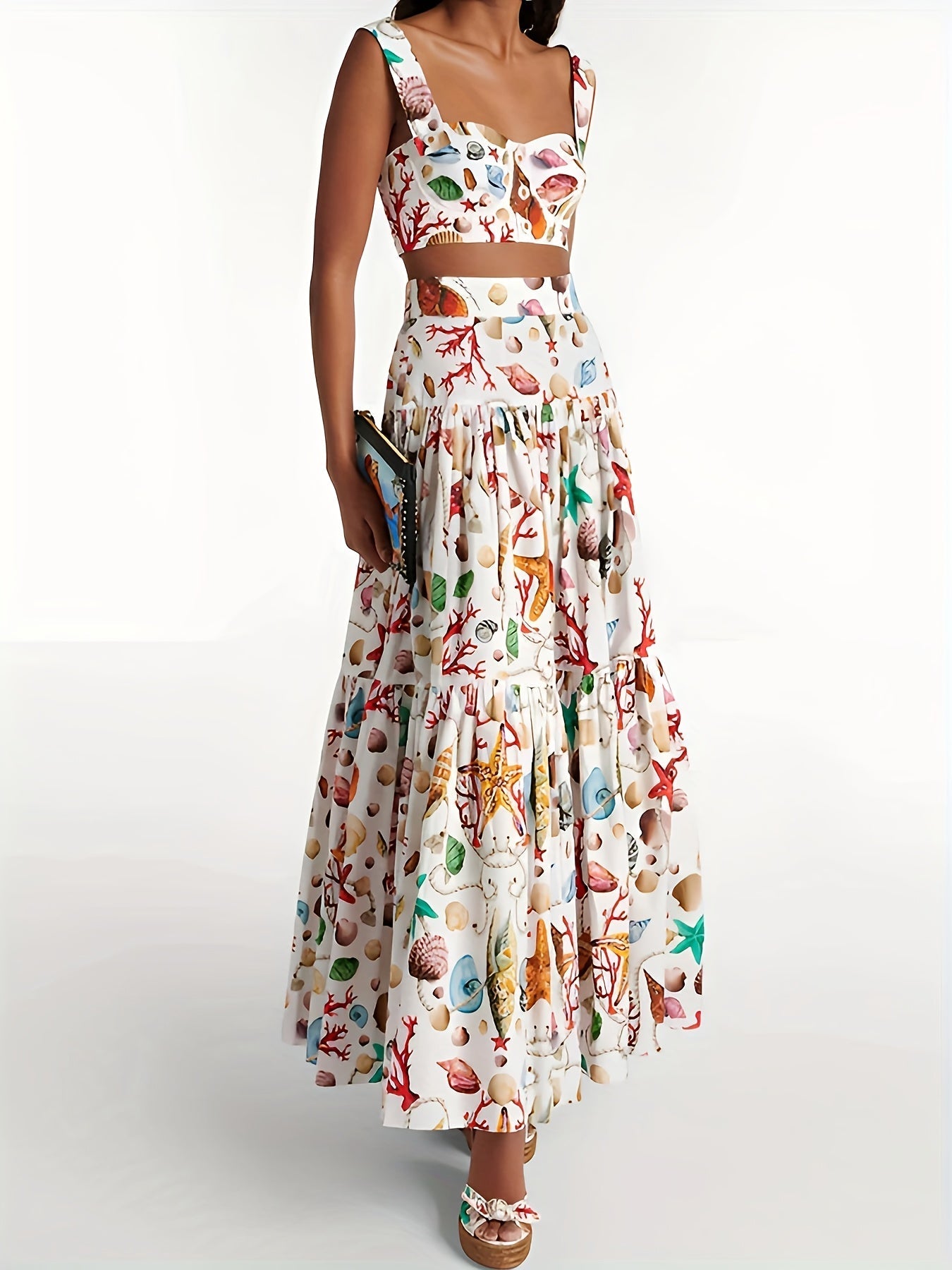 Ensemble Femme Haut Court et Jupe Longue à Volants Chic 1