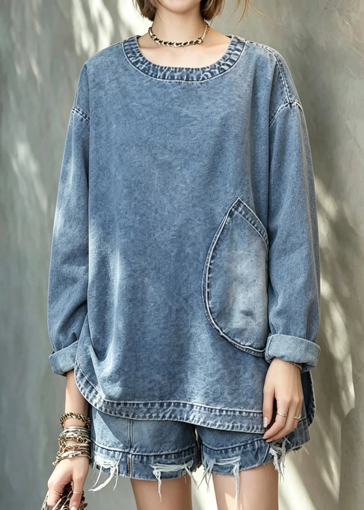 Ensemble Femme Haut et Short Denim Style Décontracté 2