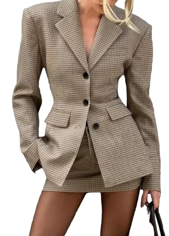 Ensemble Femme Manteau et Jupe Boutonnés à Carreaux Coupe Ajustée 0