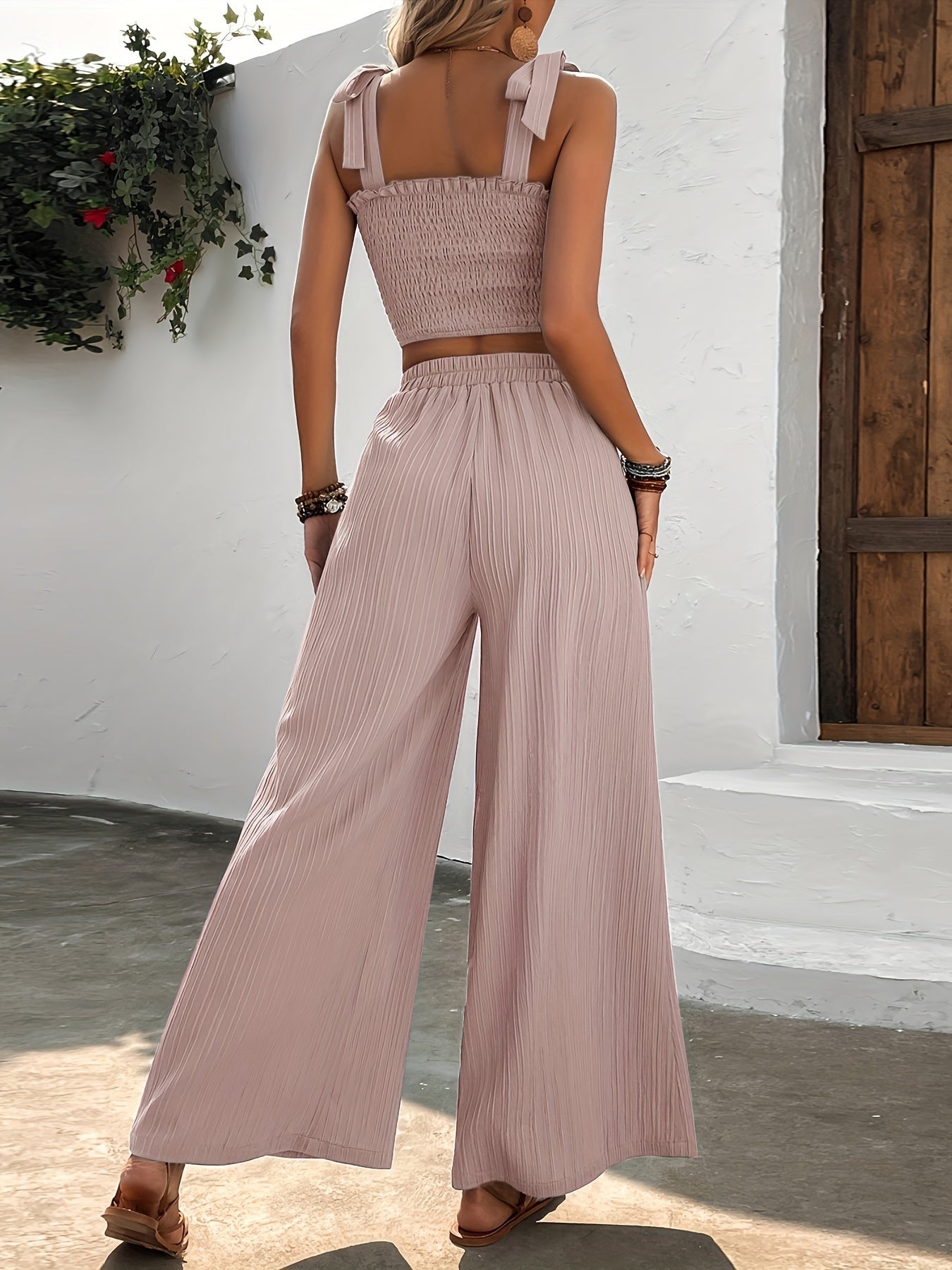 Ensemble Femme Pantalon Large et Top Smocké Chic 2