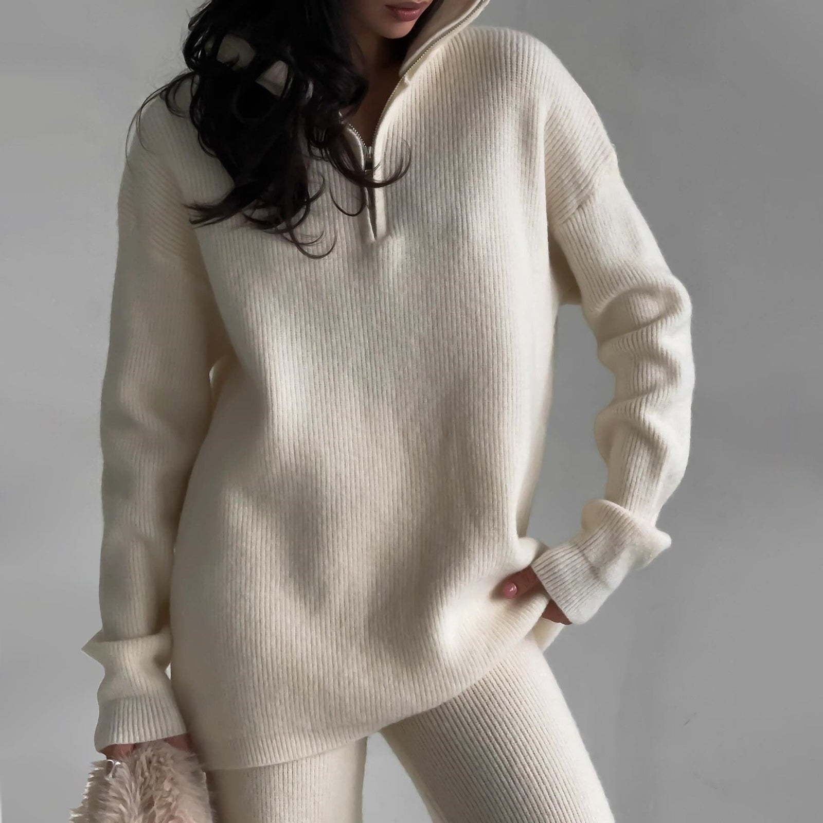 Ensemble Femme Sport Décontracté avec Pull à Demi-Zip et Pantalon à Jambe Droite 1