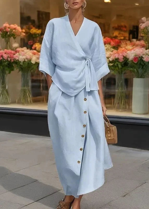 Ensemble Femme Top Col V Noué et Jupe Maxi Manches Courtes 1