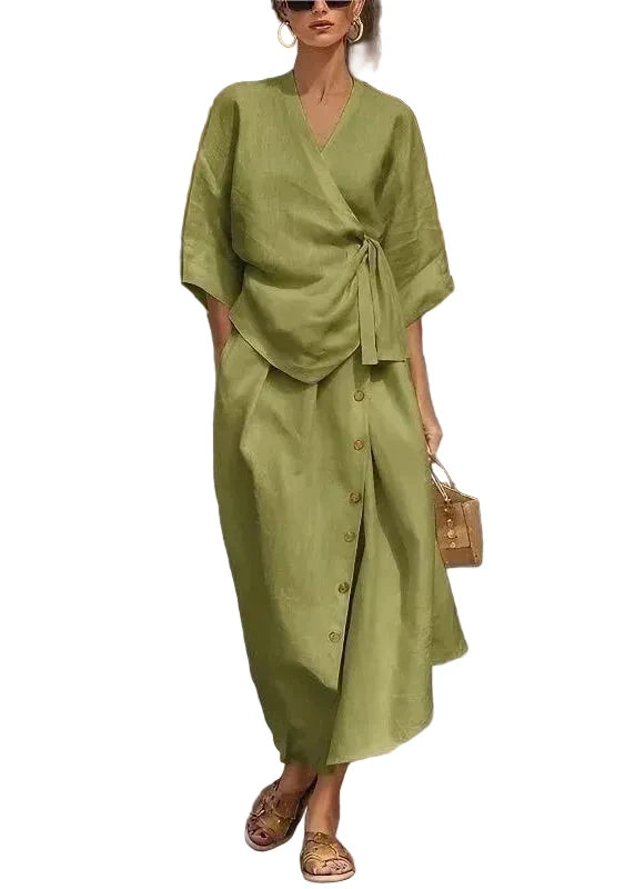 Ensemble Femme Top Col V Noué et Jupe Maxi Manches Courtes 2