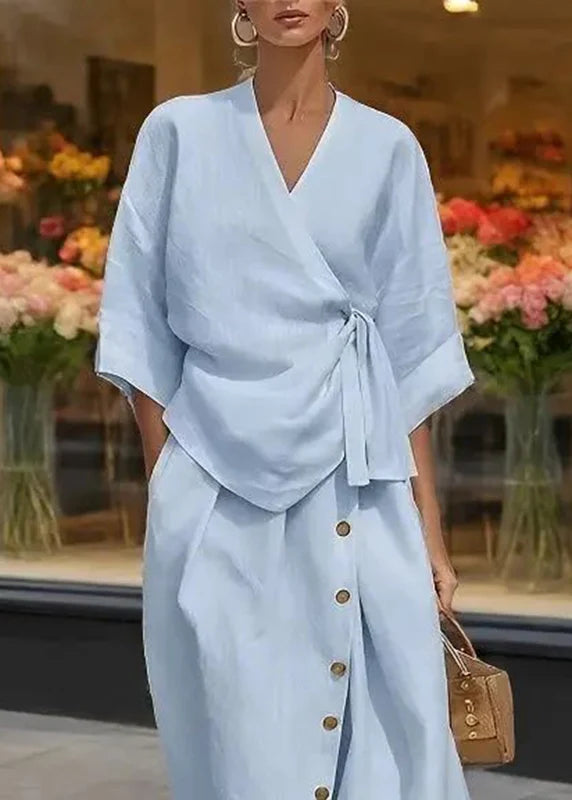 Ensemble Femme Top Col V Noué et Jupe Maxi Manches Courtes 3